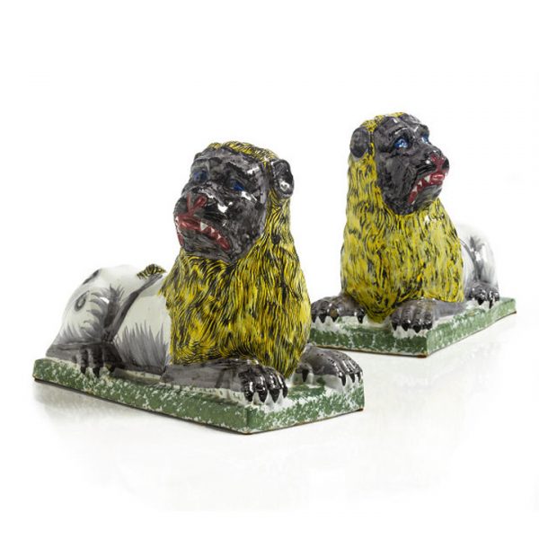 Unusual Pair of French Faïence Lions