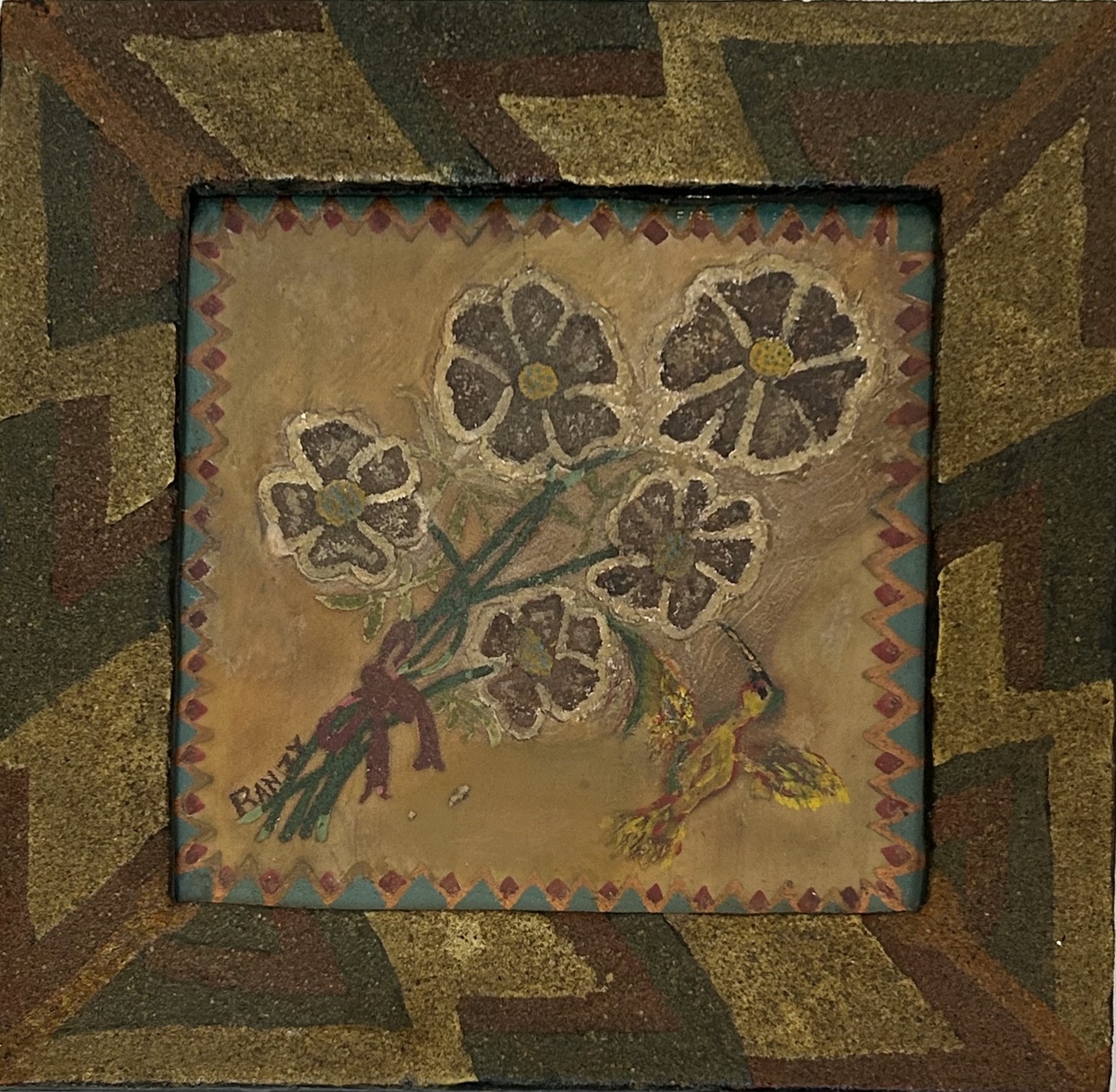 artwork of flowers and hummingbird