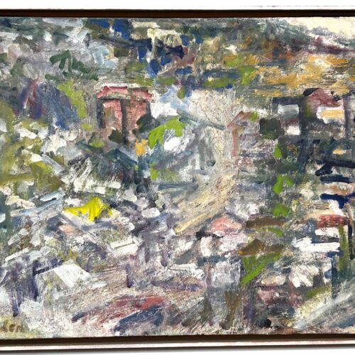 Abstract oil painting in blue, green, pink