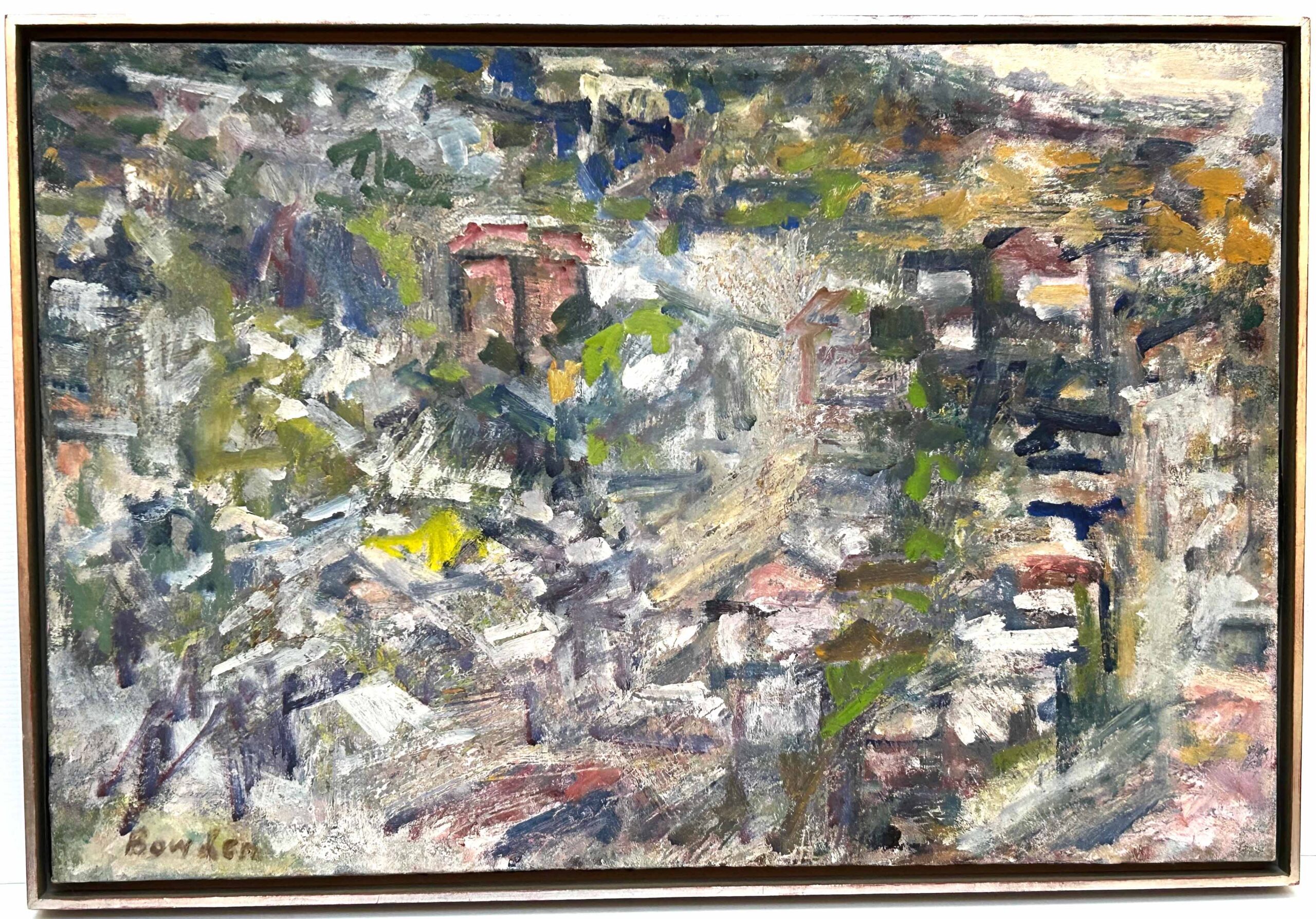 Abstract oil painting in blue, green, pink