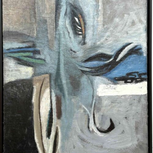 abstract expressionist oil painting in blue and black
