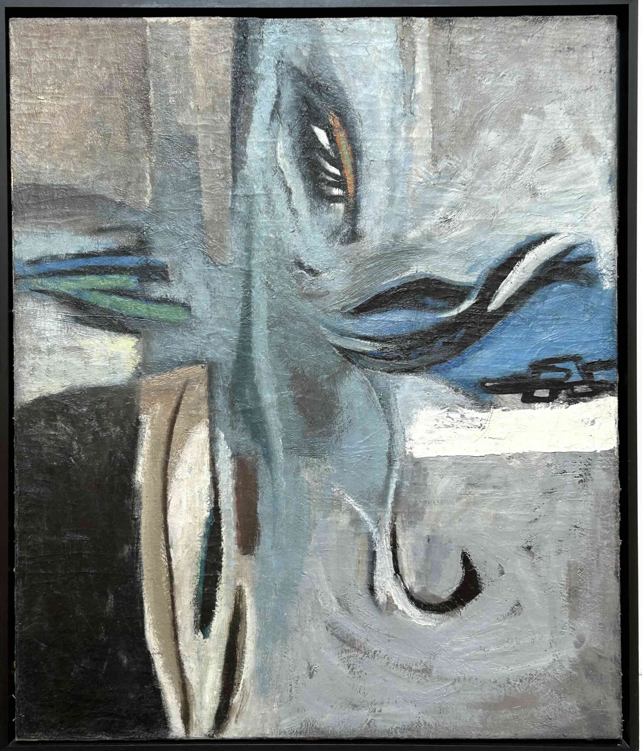 abstract expressionist oil painting in blue and black