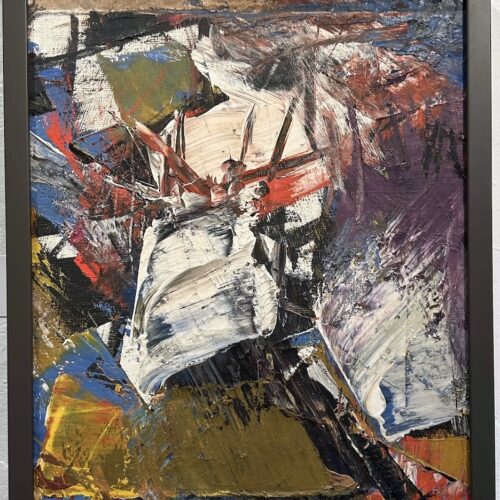 abstract painting with black, white, red, gold