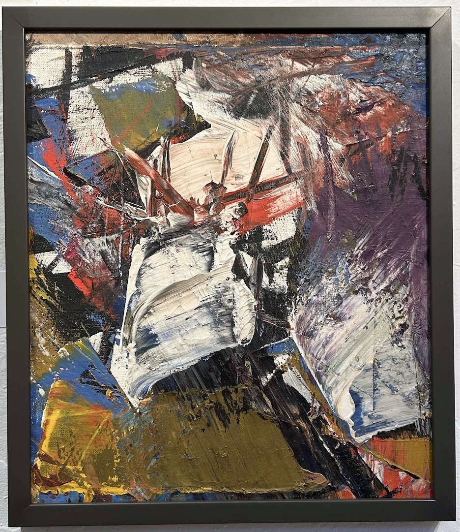 abstract painting with black, white, red, gold